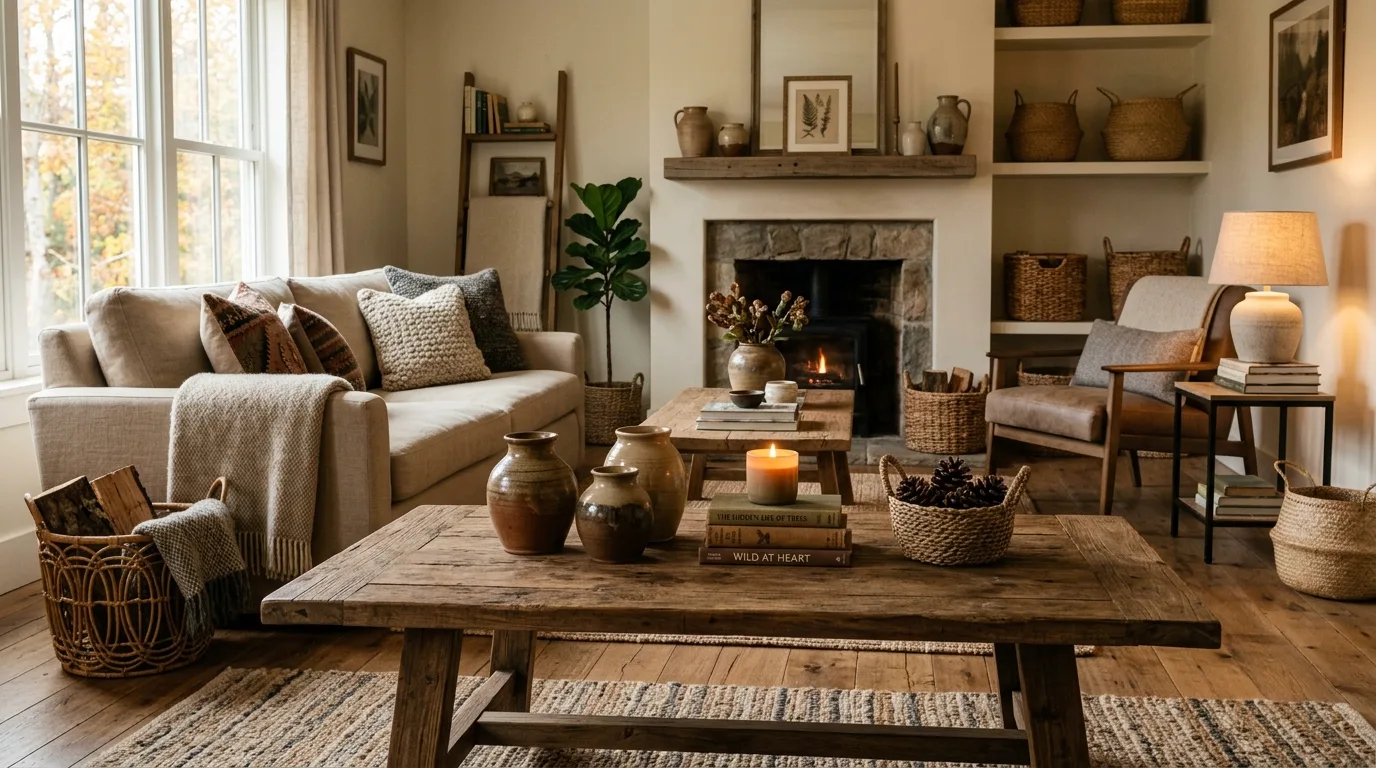 Use stone accents to add quiet weight inspiration for an earthy living room.